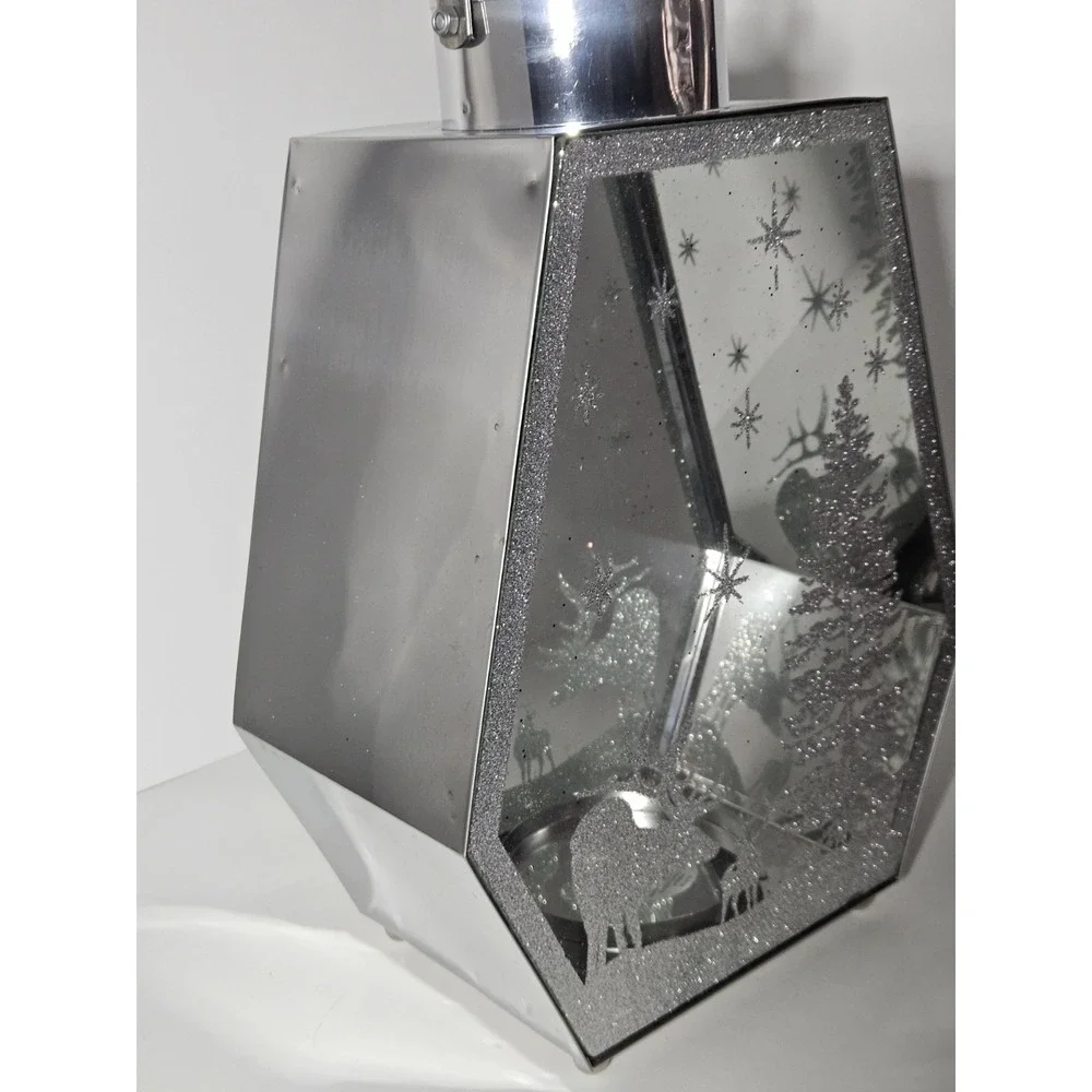 Silver Mirrored Winter Reindeer Snow Scene Geometric Holiday Candle Lantern 13